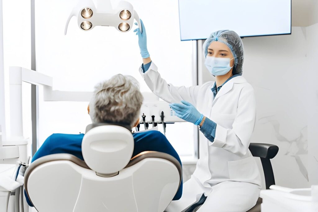 Dental professional examining patient for gum disease treatment in Woodland Hills, California