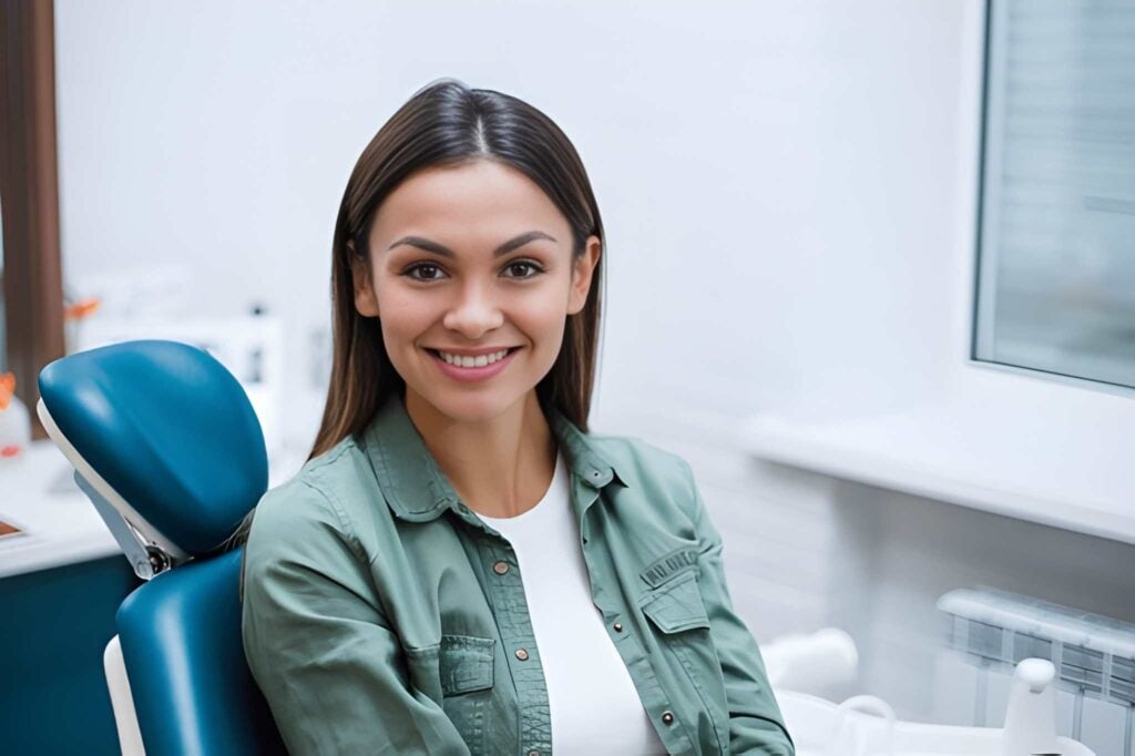 Smiling woman in dental chair showcasing transformative dentistry results in Woodland Hills, California.