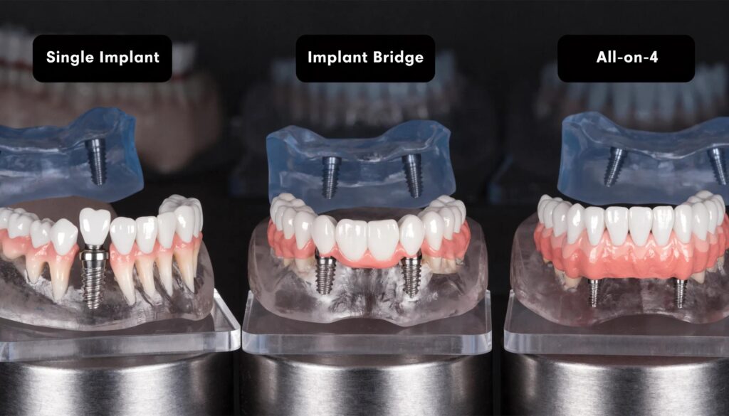 Comparison of dental restoration options including single-tooth implants and All-on-4 solutions
